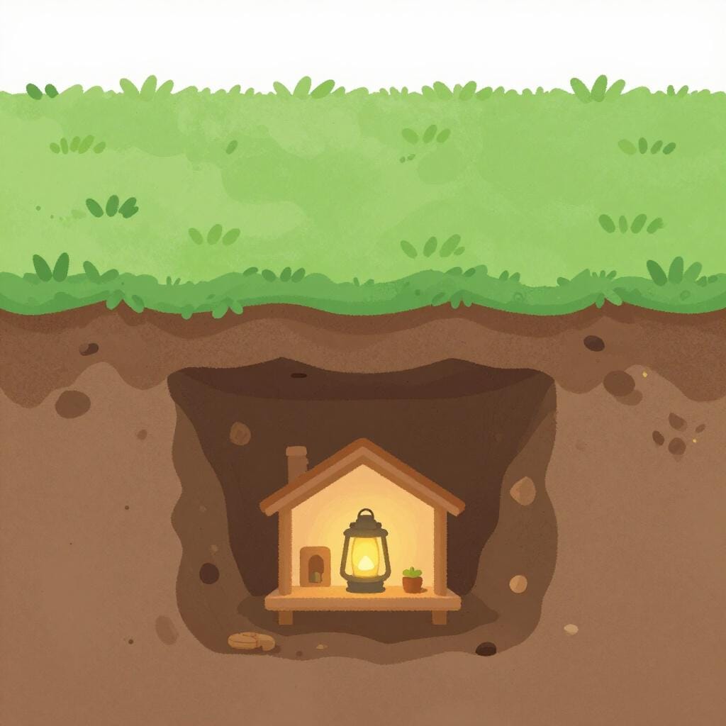 A cross-section view of the ground showing green grass on top and a small wooden door leading into a cozy room built into the dirt below.