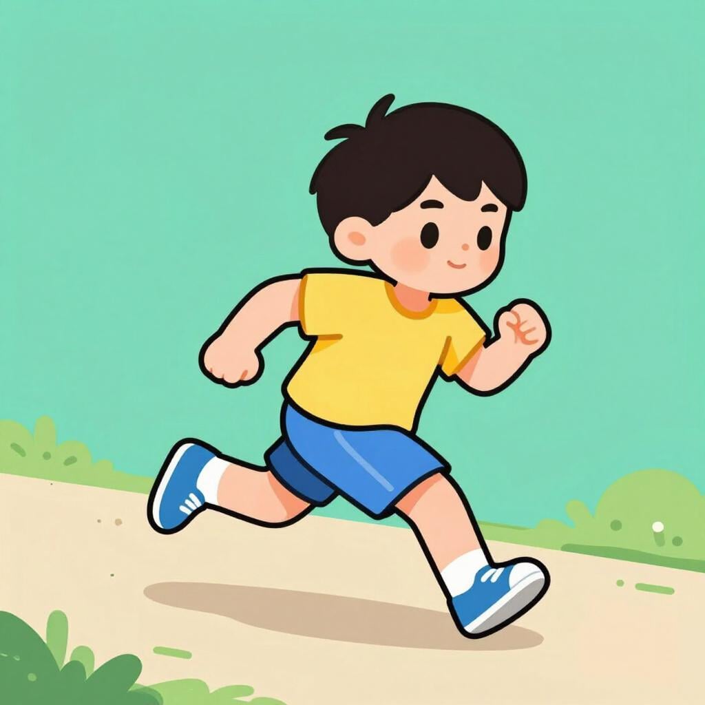 A child in a bright yellow raincoat running quickly down a sidewalk, with motion lines indicating speed.