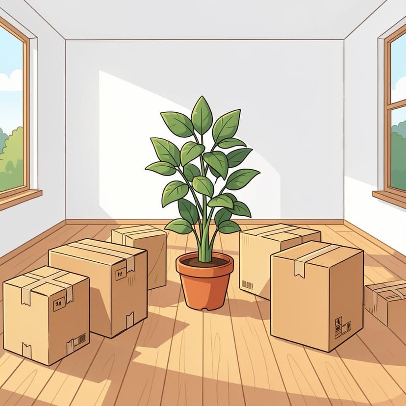 Een stapel kartonnen dozen en een kleine plant in een lege, felverlichte woonkamer.