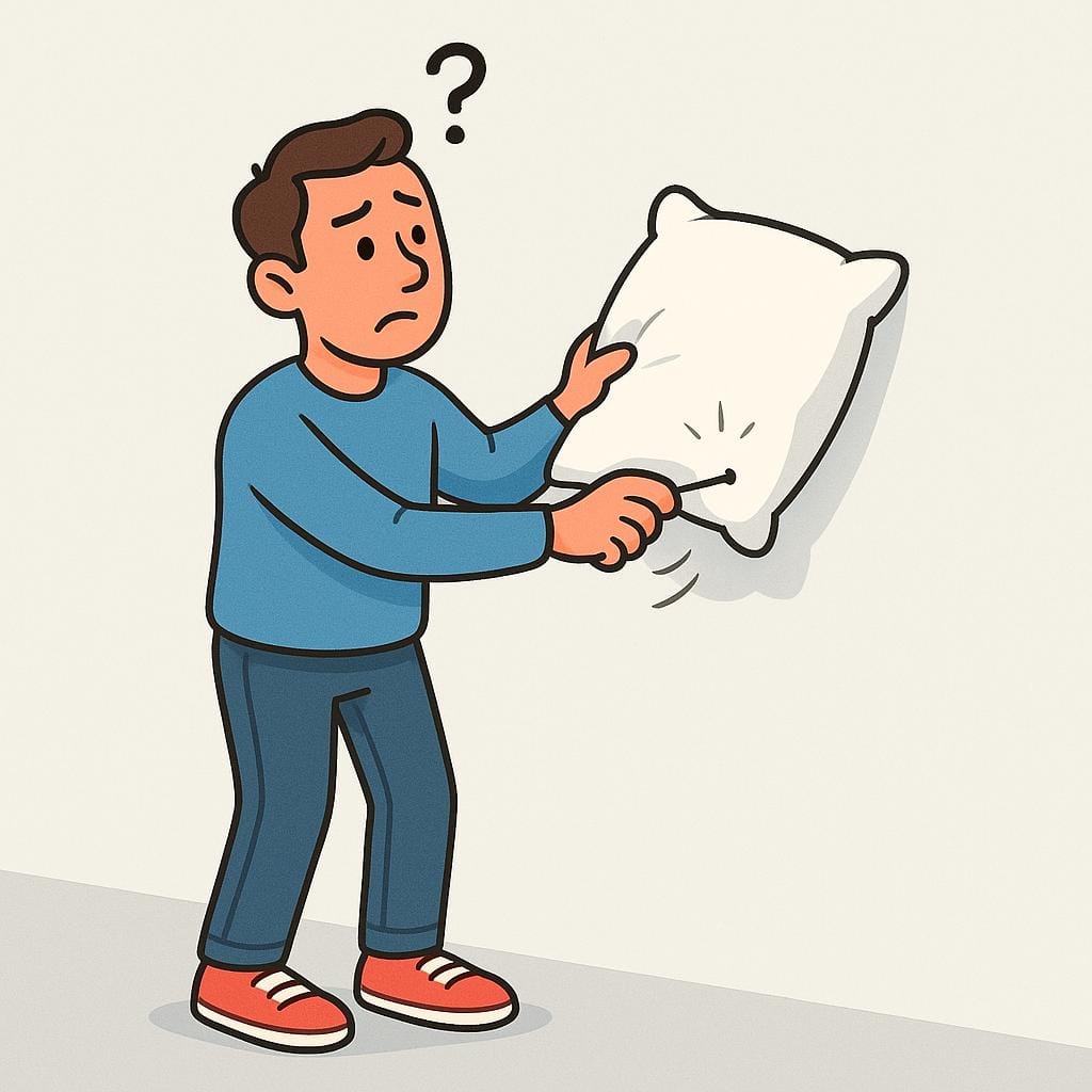 A cartoon man attempting to hammer a nail into a wall using a fluffy pillow instead of a hammer, showing a lack of common sense or a stupid idea.