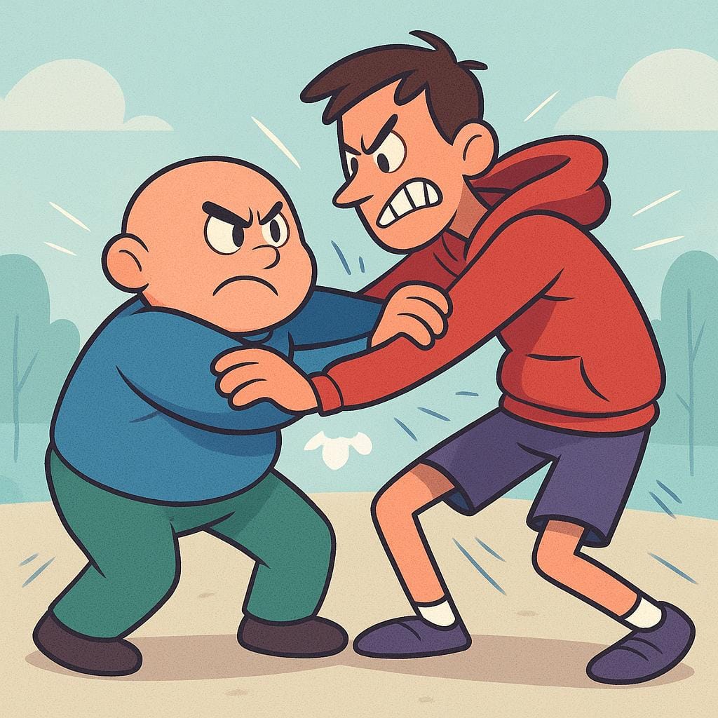 Two simplified, colorful cartoon figures grappling fiercely in a wrestling stance, illustrating a physical fight or confrontation.