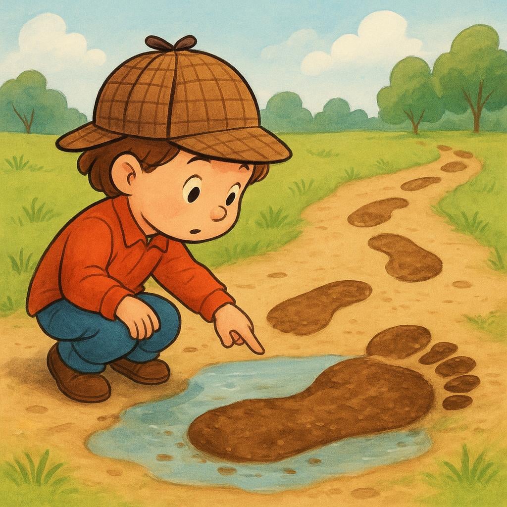 A child detective pointing at a large footprint in the mud, deducing who passed by.