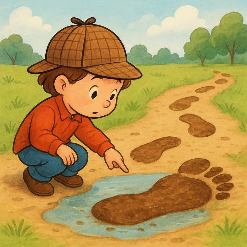 A child detective pointing at a large footprint in the mud, deducing who passed by.