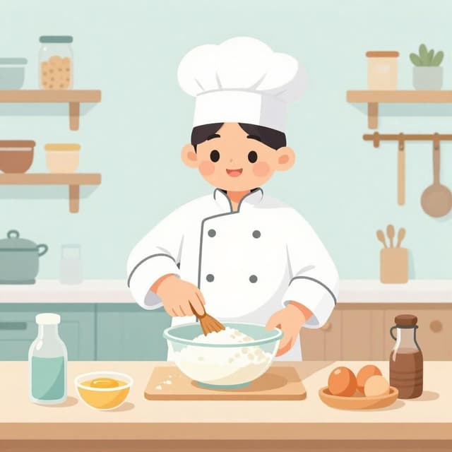 料理人が小麦粉、卵、ボウルが置かれたテーブルを見ている様子。料理にはそれらが必要。