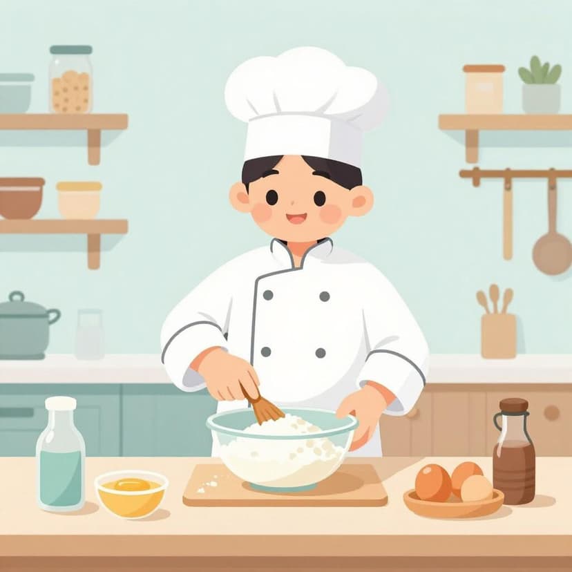 料理人が小麦粉、卵、ボウルが置かれたテーブルを見て、それらを焼くために必要としている様子。