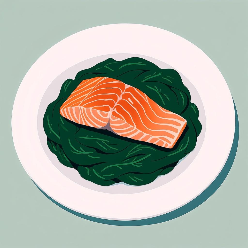 A piece of cooked salmon resting on a vibrant green layer of spinach on a white dining plate.