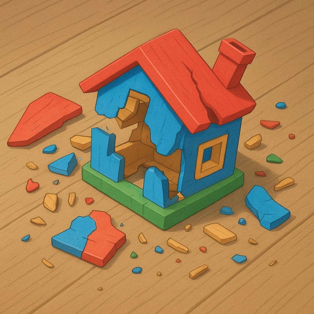 A small wooden toy house lying in pieces on the ground, clearly broken and physically ruined.