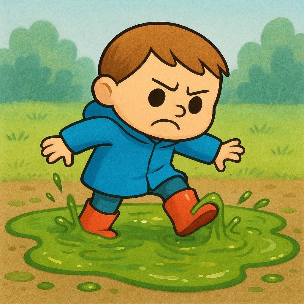 A small, frustrated character stuck in a large puddle of sticky, green mud, unable to step forward, illustrating a delay.