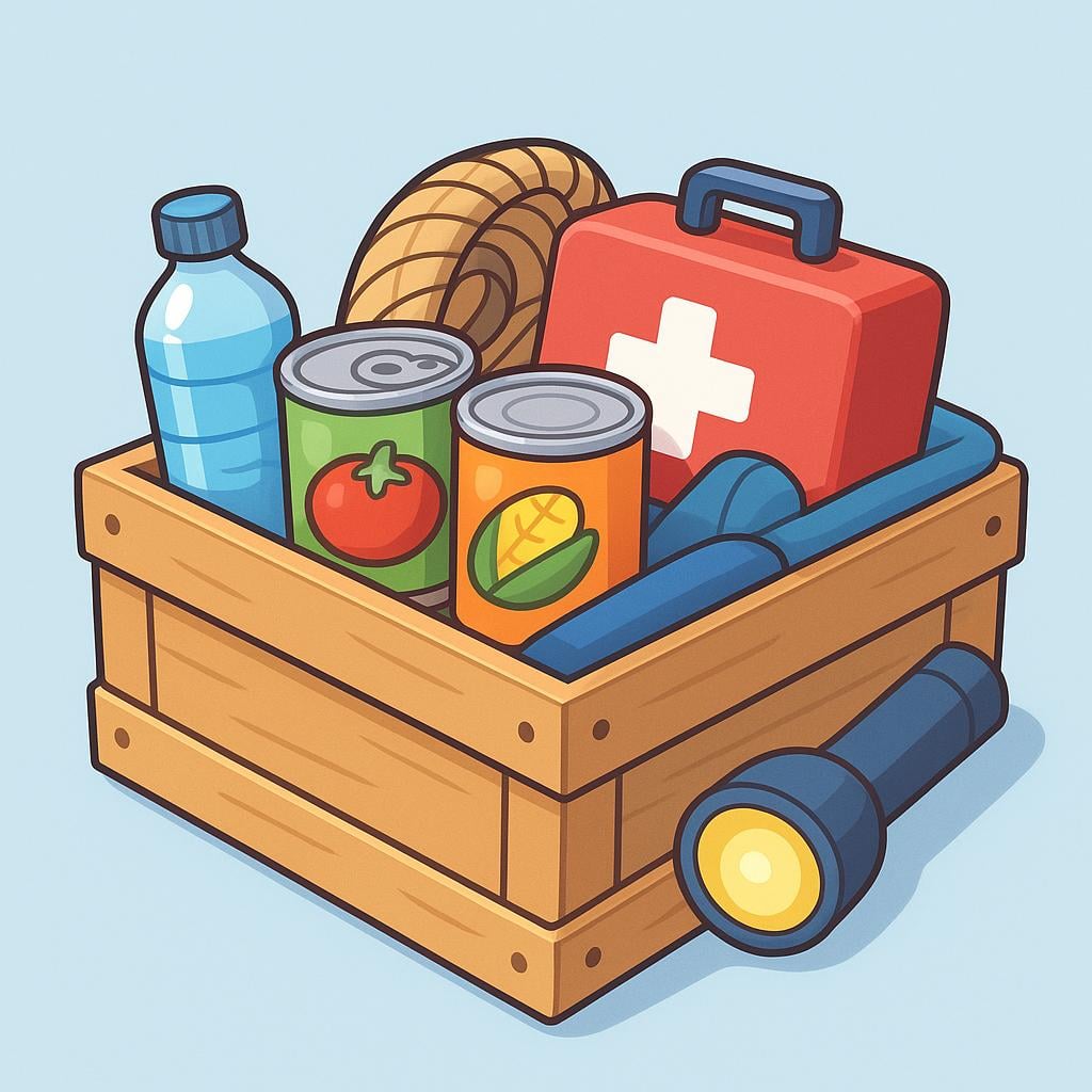 A simple wooden storage crate is shown, filled to the brim with various essential resources like food cans, rope, and medical supplies.