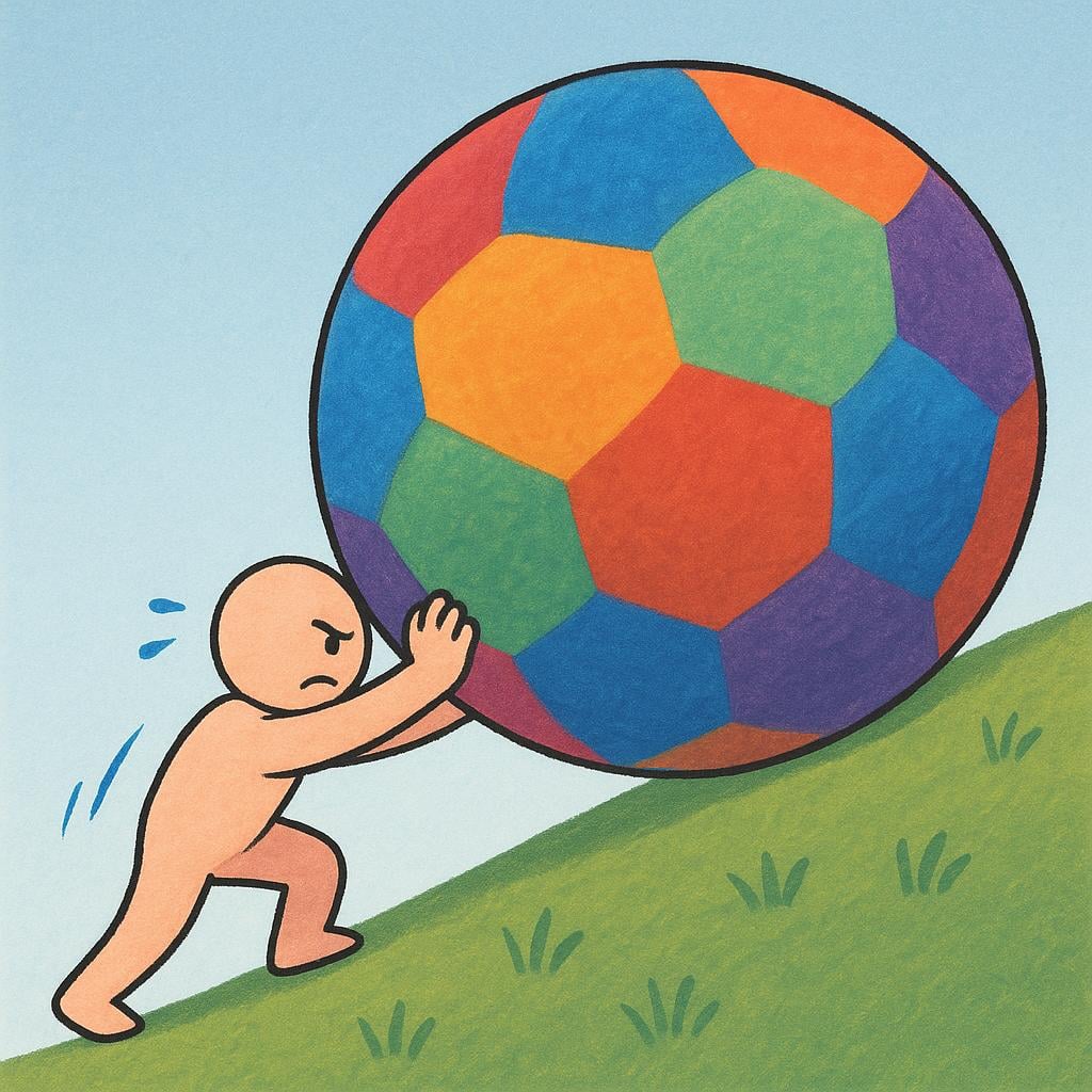 A small, determined figure exerting great effort to push a very large, heavy boulder up a slight incline, symbolizing struggle.