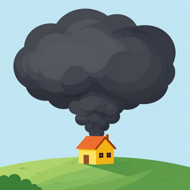 Uma nuvem de tempestade grande e escura pairando sobre uma casa pequena e ensolarada.