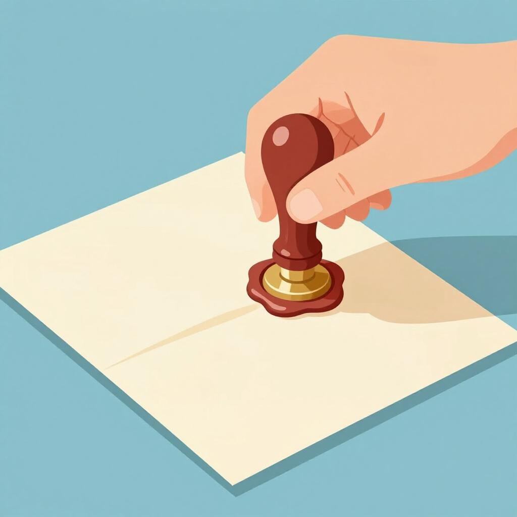A hand placing a wax seal on a folded formal letter.