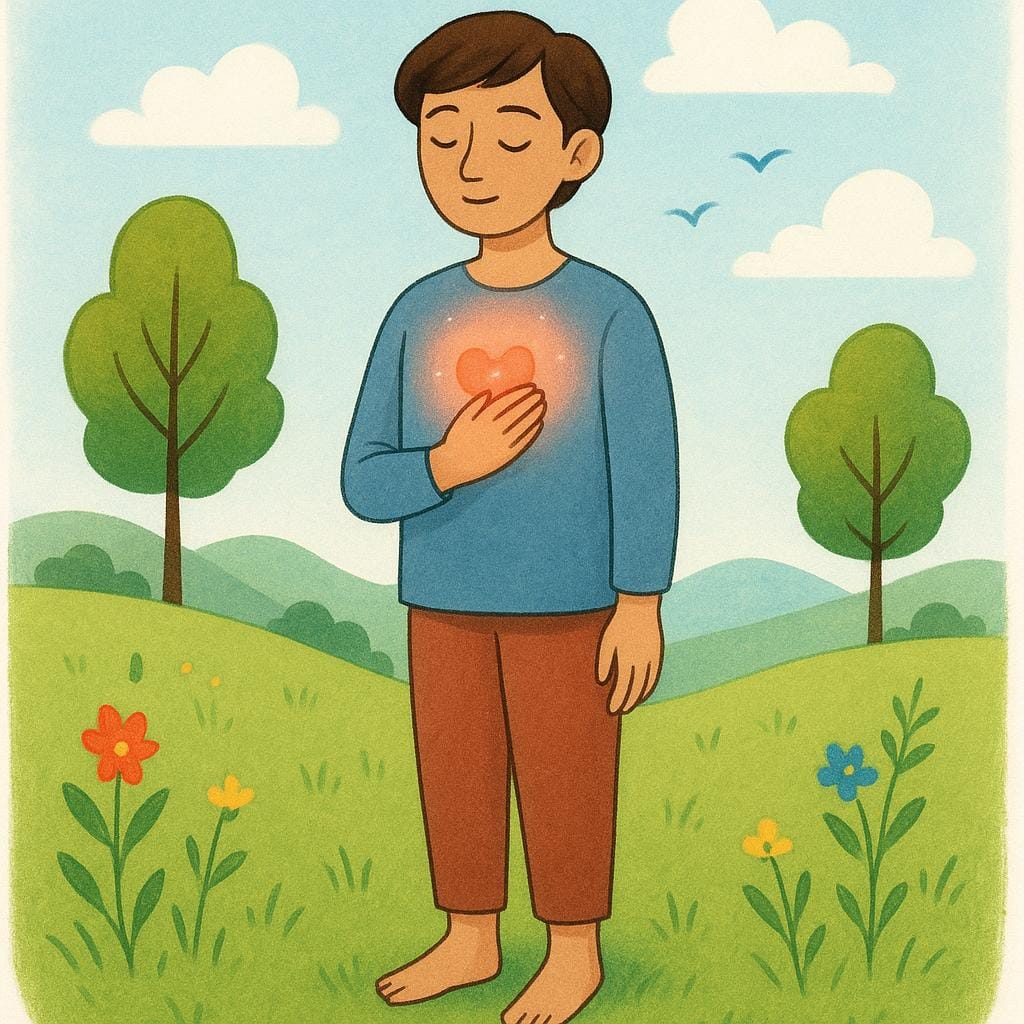 A simplified illustration of a person standing still in a peaceful setting, placing one hand over their chest near a softly glowing heart, symbolizing listening to inner feelings or intuition.
