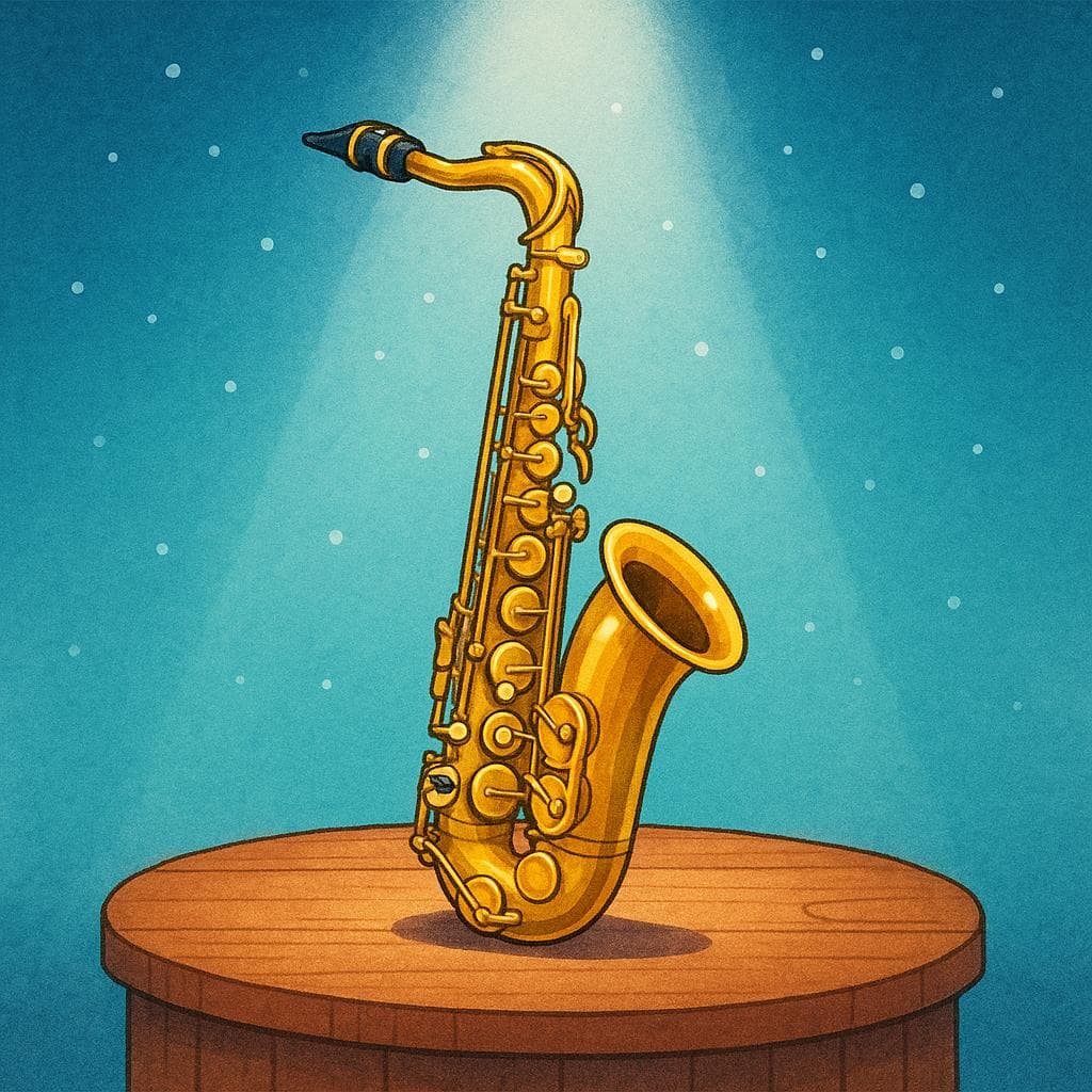 Une illustration de haute qualité d'un saxophone doré brillant reposant sur une petite scène en bois, représentant le genre musical.