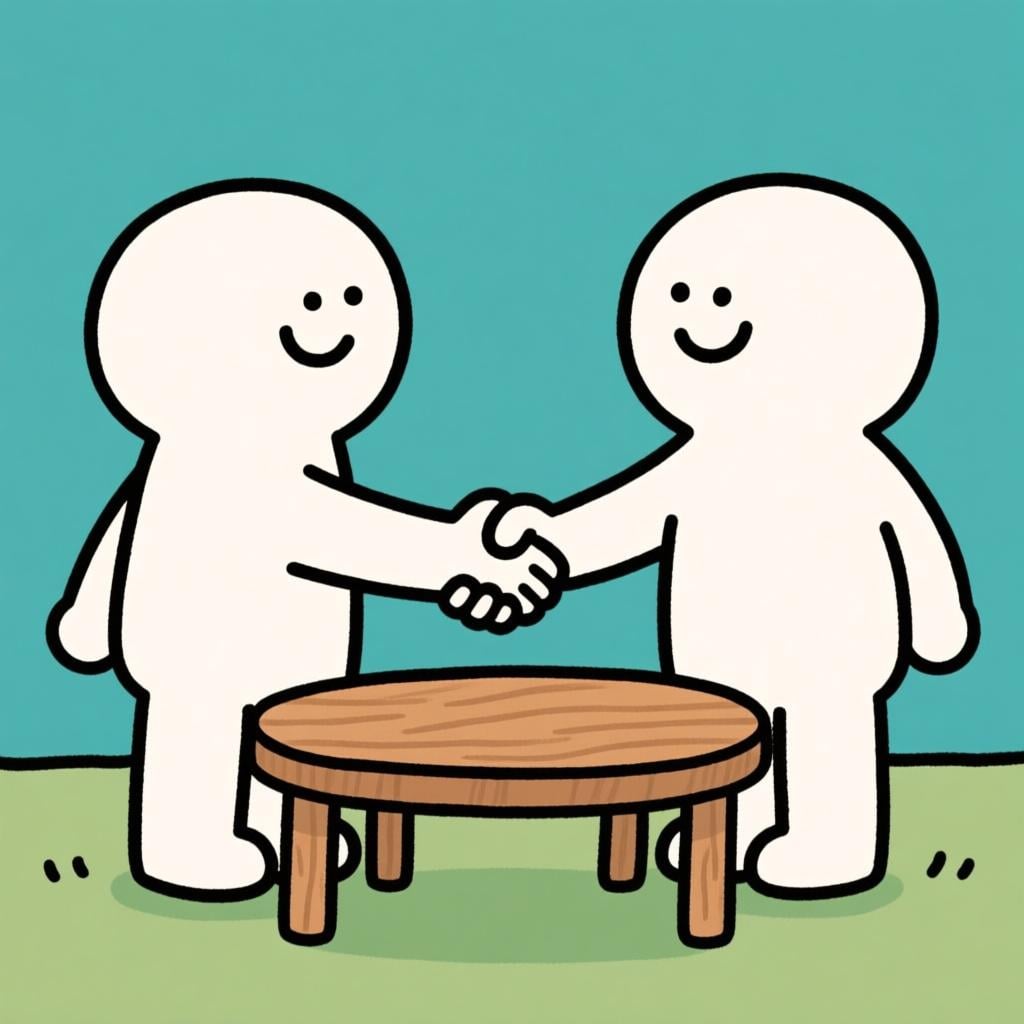 Two simple figures of the same height shaking hands firmly across a small table, symbolizing a professional meeting between equals.