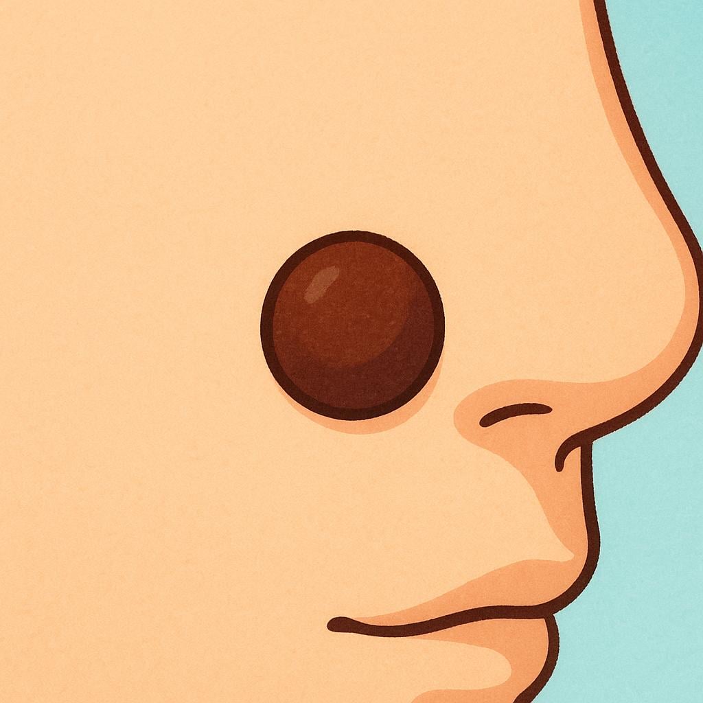 A simple illustration of a patch of light-colored skin, possibly a cheek or arm, featuring a single, small, dark brown mole.