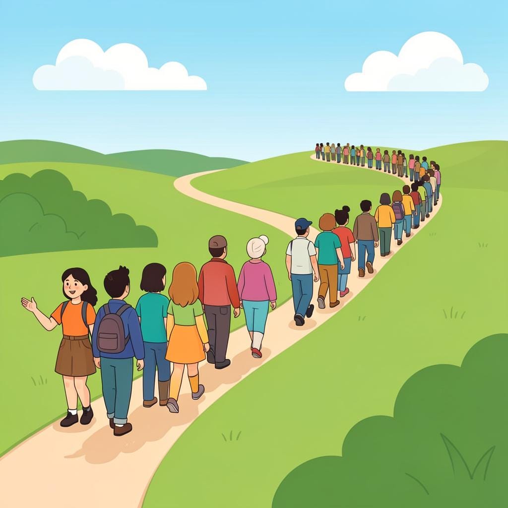 A friendly guide at the front of a small group of people, pointing the way forward along a path through a sunny meadow.