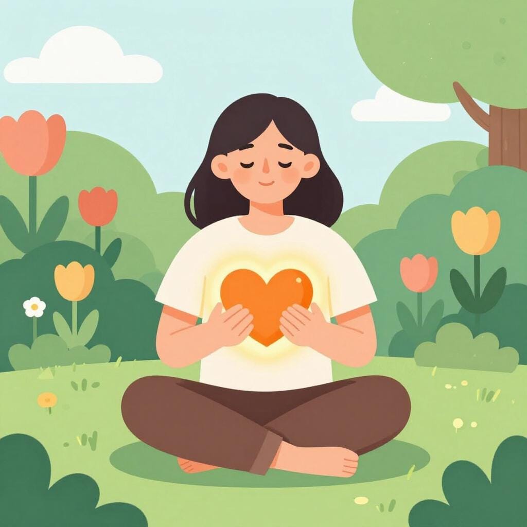 庭で穏やかに座っている人が、光るハート型の物体を手に持っている。