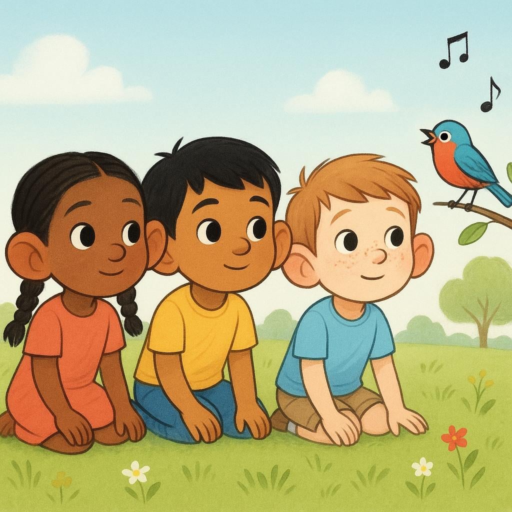 A storybook illustration featuring three children sitting close together in a sunny field, leaning forward with large, attentive ears, focused on a small, colorful bird singing on a nearby branch.