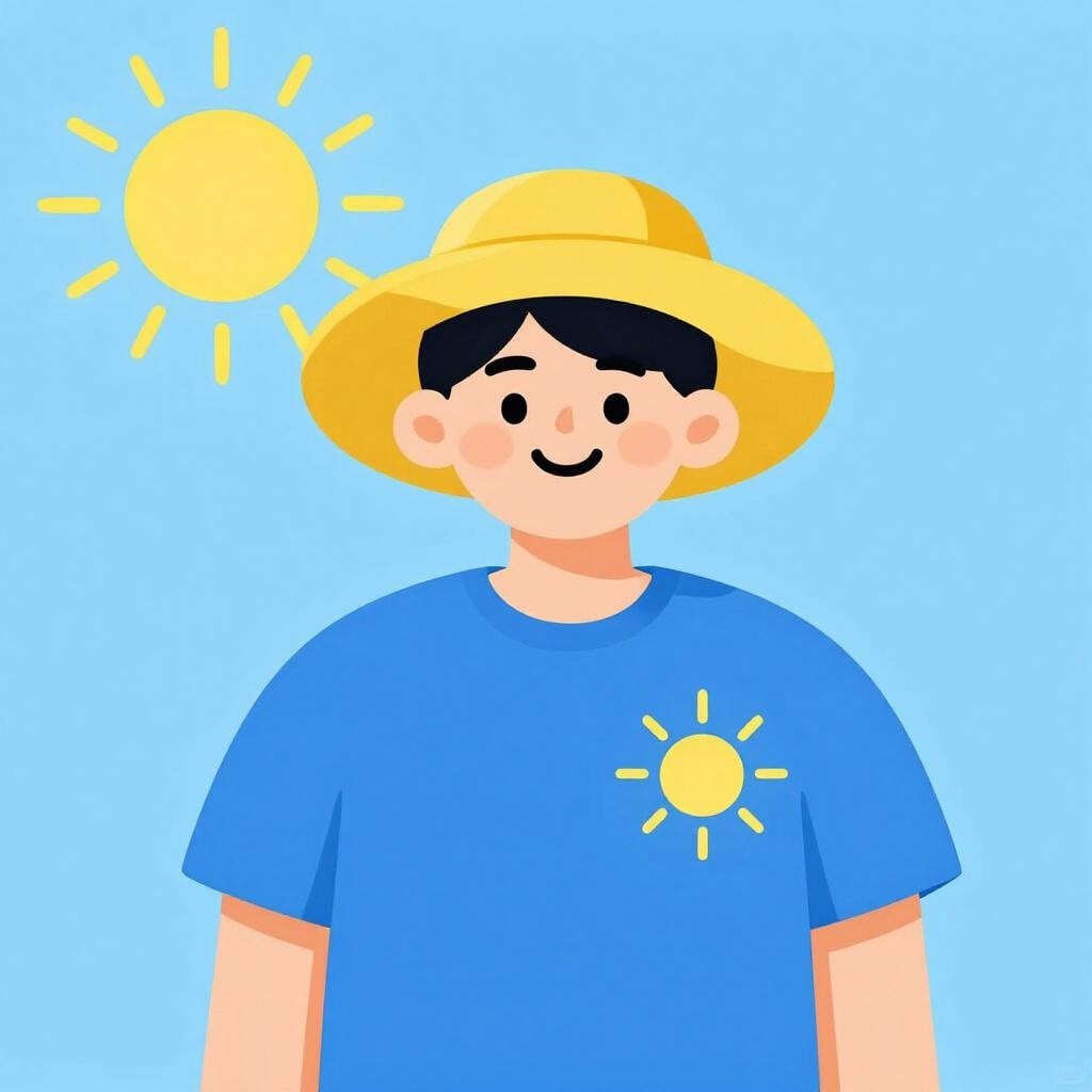 Una persona con la pelle baciata dal sole che indossa un cappello da sole e una maglietta colorata.