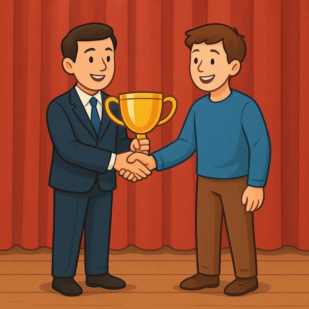 A person in a formal suit stands on a small stage presenting a shiny gold trophy to another smiling person. They are shaking hands.
