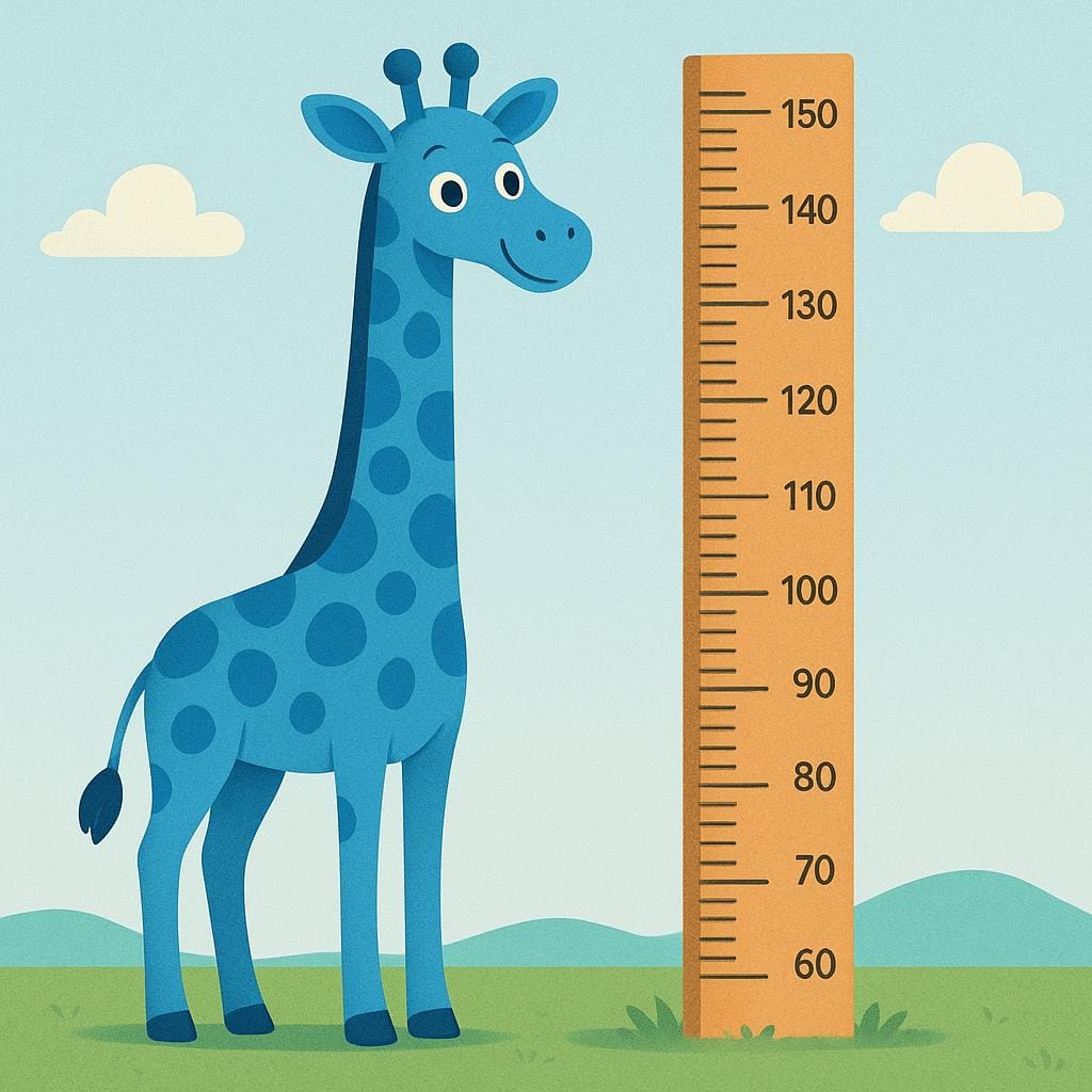 A tall blue giraffe standing next to a large ruler embedded in the ground, used to measure its physical height.