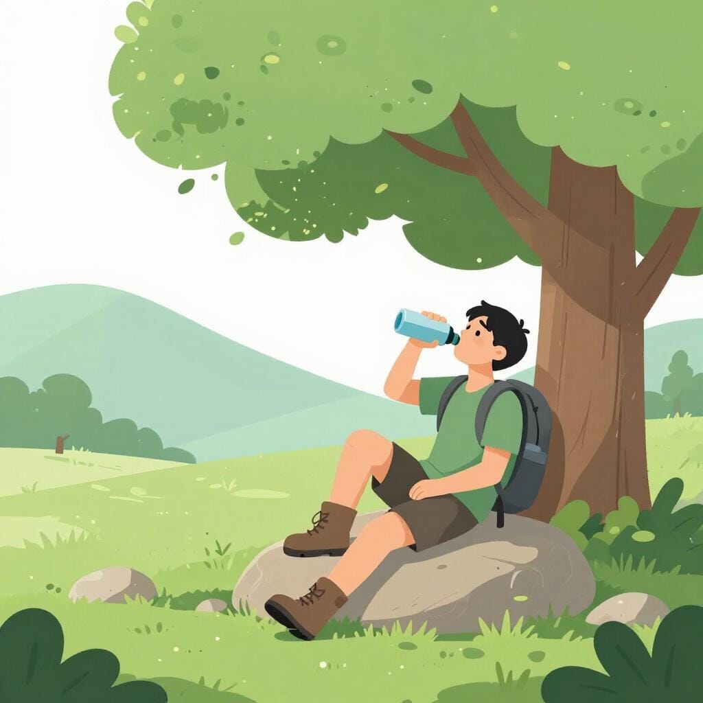 An exhausted hiker sitting on a large rock under a shady tree, drinking water and looking at a beautiful valley.