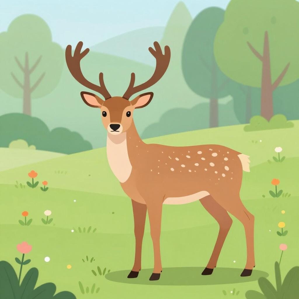 A majestic brown deer with large antlers standing in a lush green forest clearing.