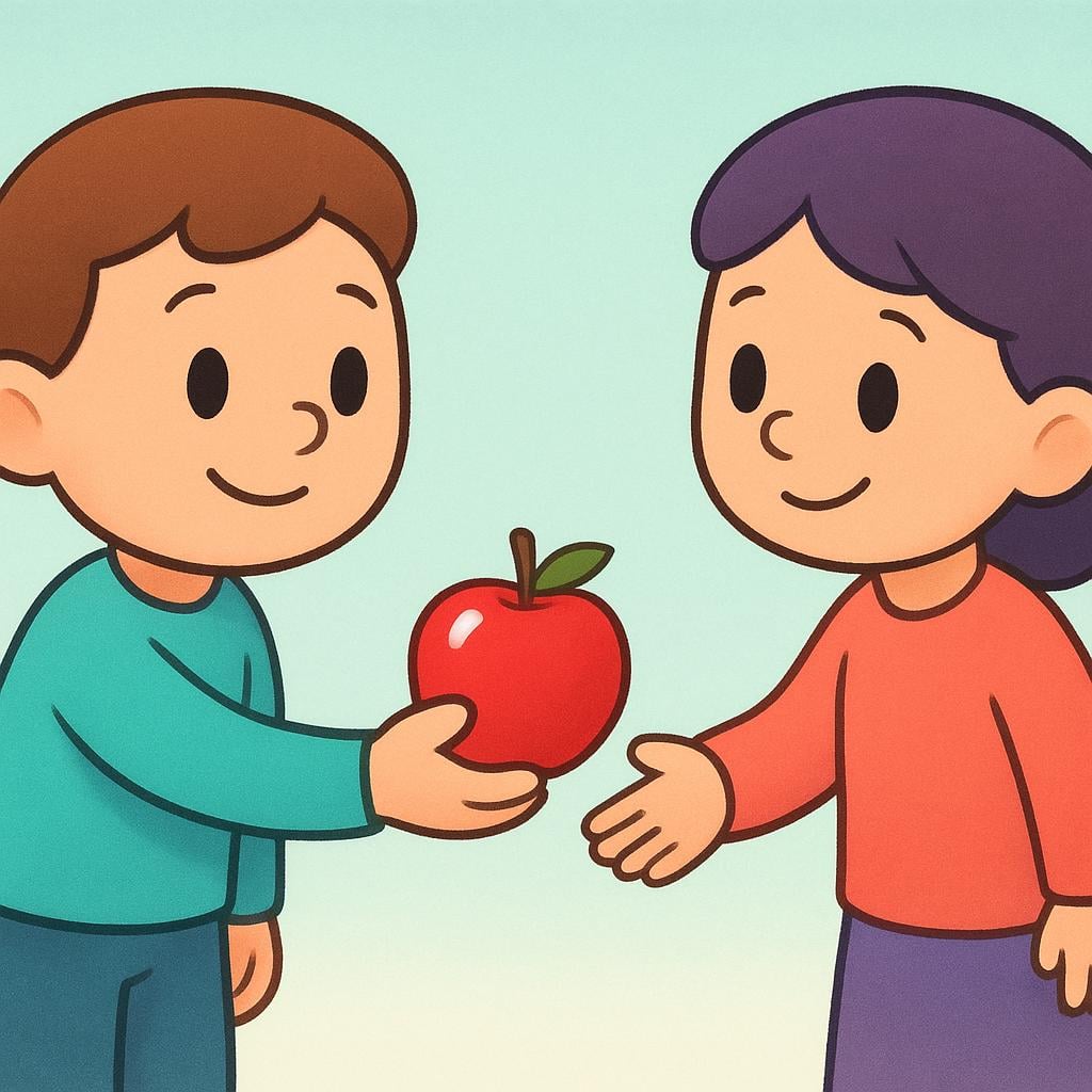 A cartoon illustration of one person handing a bright red apple to another person, representing the transfer of a physical item.