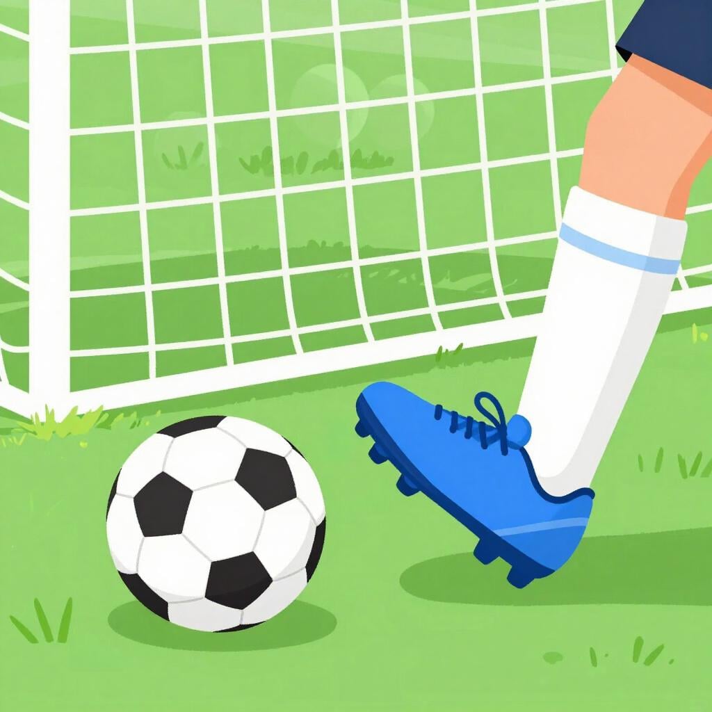 Der Fuß eines Fußballspielers, der einen Fußball in Richtung eines Tors schießt.