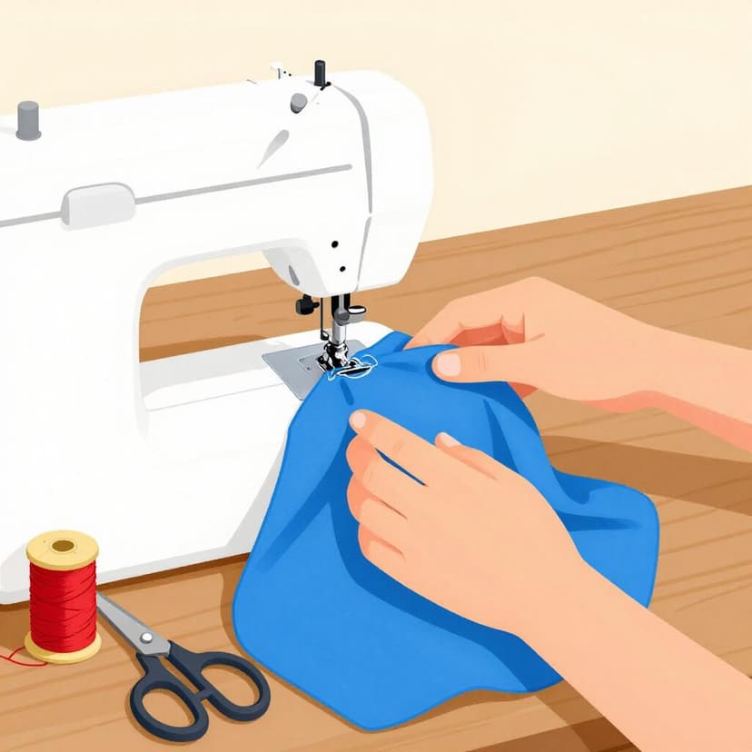 A person using a sewing machine to stitch a colorful piece of fabric into a garment.