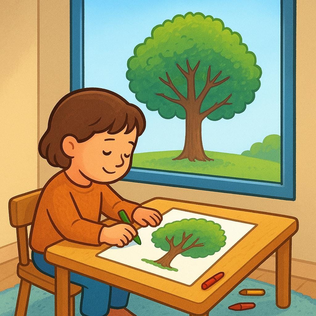 Un enfant assis à l'intérieur près d'une grande fenêtre, dessinant un paysage sur papier correspondant exactement à la scène vue par la fenêtre.