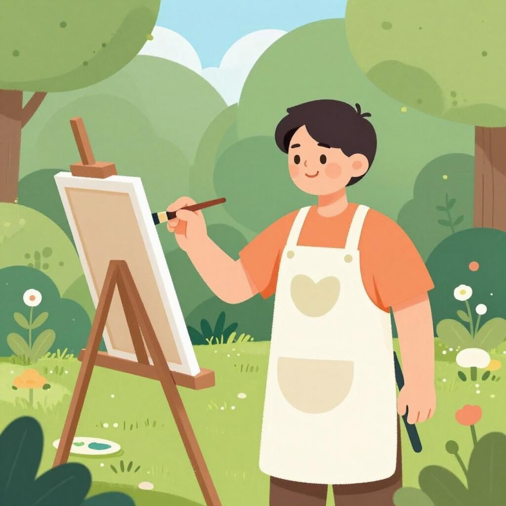 A person smiling while painting a colorful landscape on a canvas in a sunny garden.