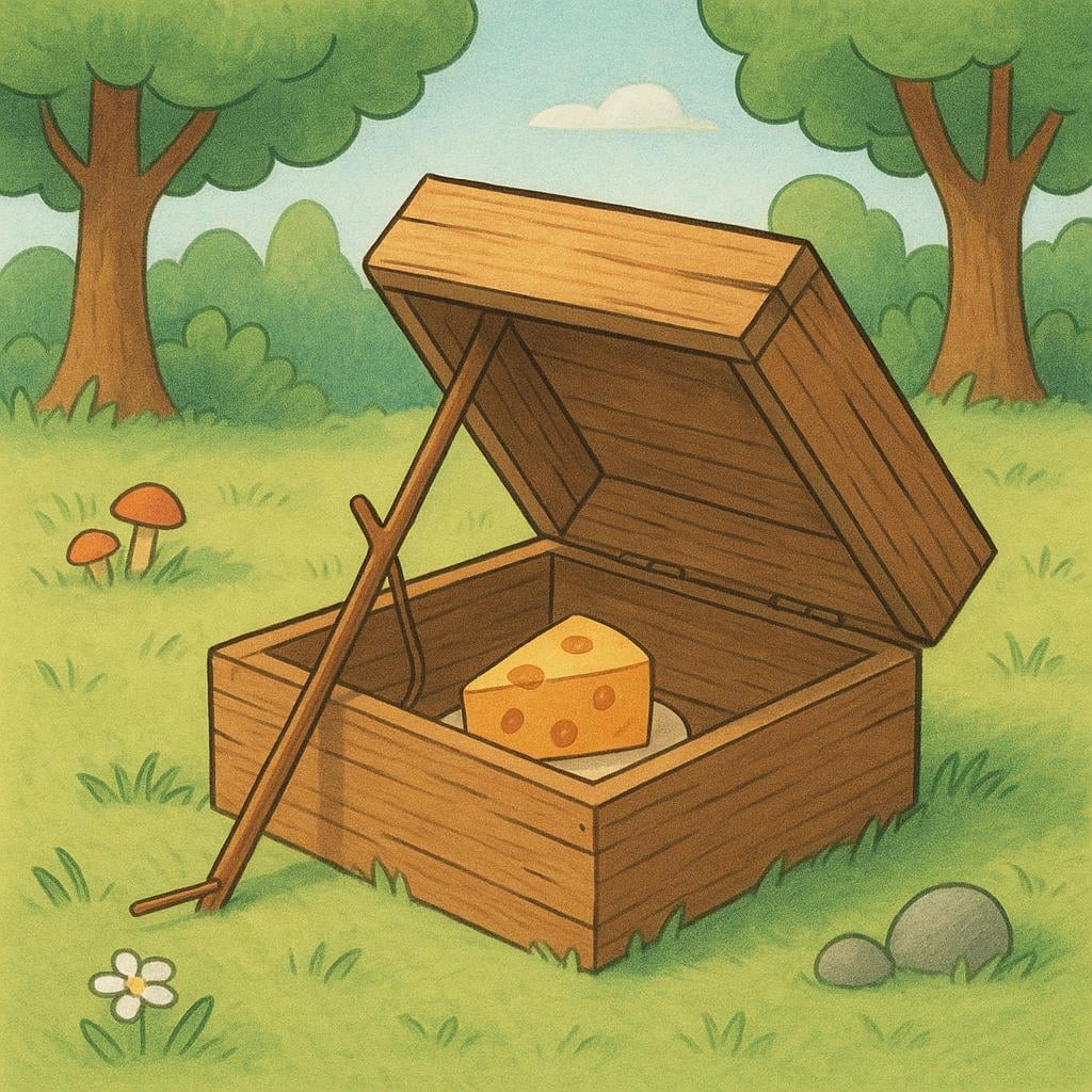 A simple wooden box trap, baited with a small piece of cheese, resting on a patch of dirt and grass.