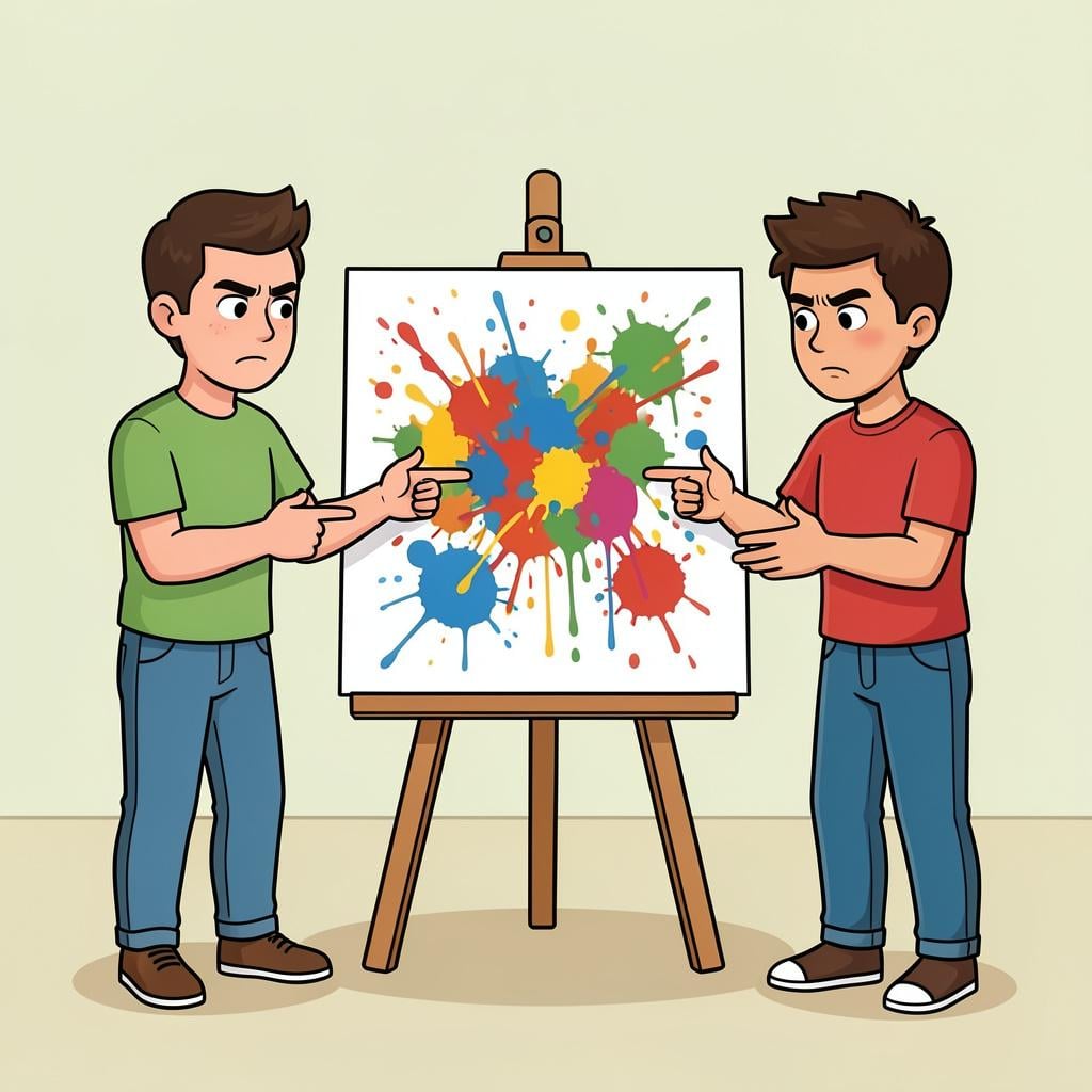 A group of people pointing at a messy painting and making disapproving faces.