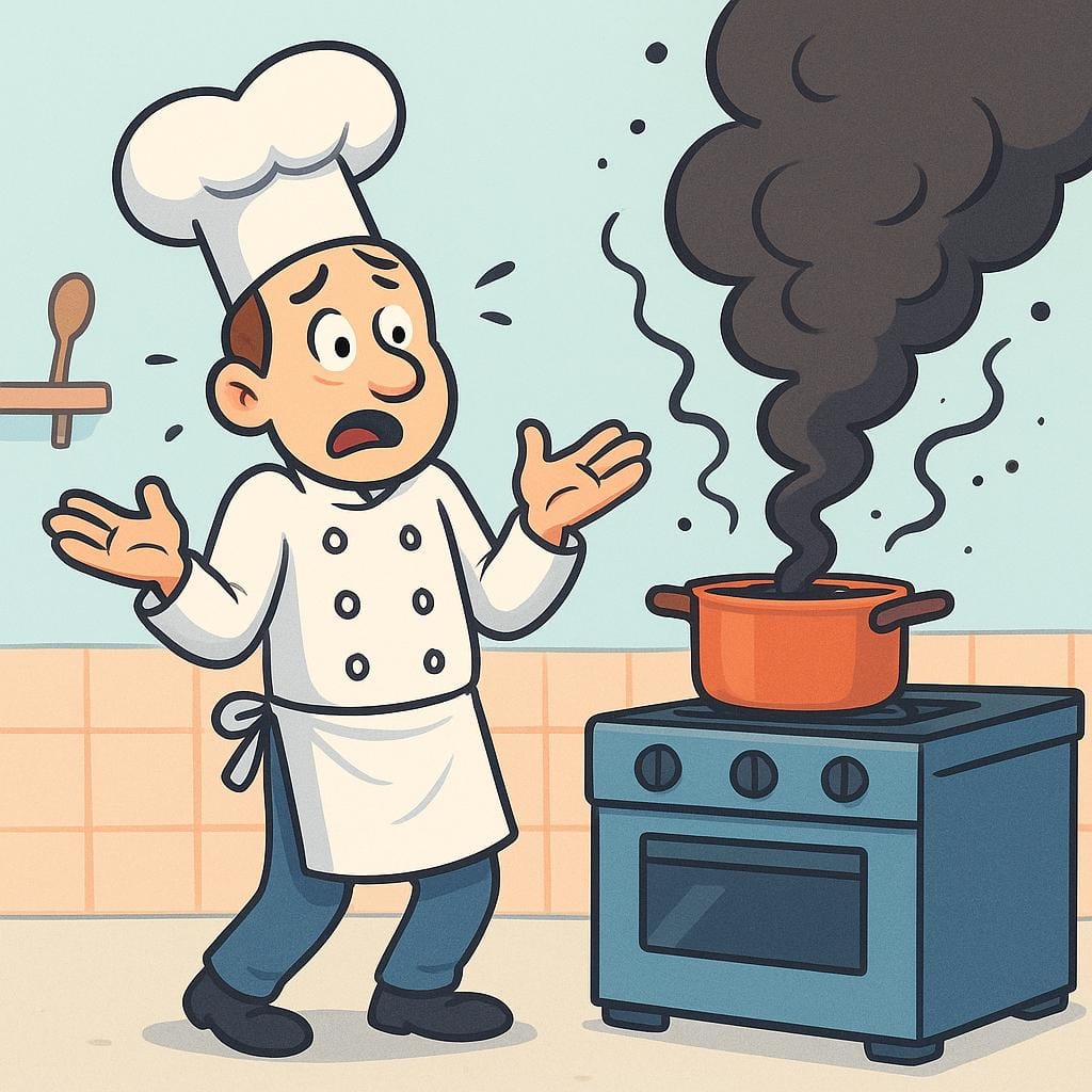 Een onhandige, cartoon kok met een hoge witte hoed, staand naast een fornuis waar een pan zwaar rookt en zwarte rook uitstoot, wat incompetentie in het koken symboliseert.