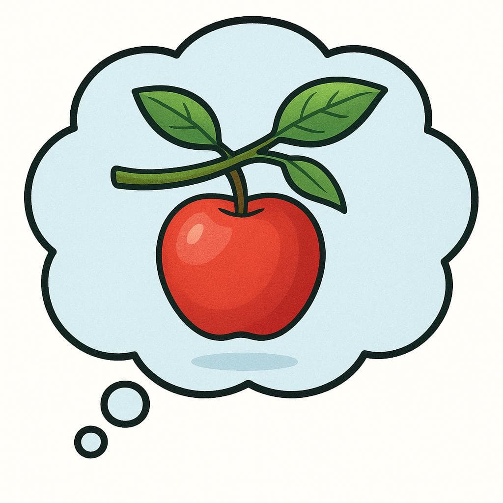 Een kleurrijke illustratie van een grote, eenvoudige gedachtenballon die boven een leeg landschap zweeft. Binnen de gedachtenballon is een duidelijk, compleet beeld van een rode appel aan een groene boomtak, wat een complete gedachte symboliseert.