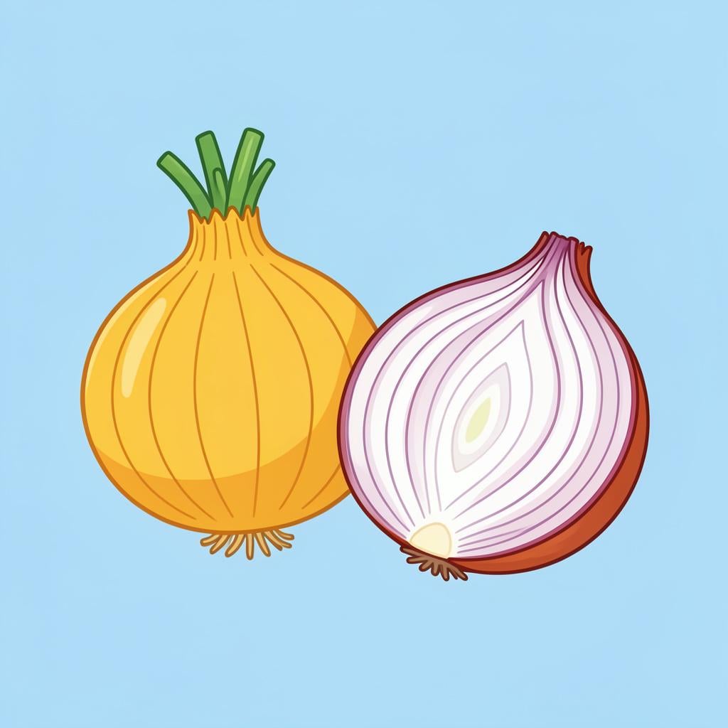 A whole yellow onion with a papery skin next to a half-cut onion showing its internal circular layers.