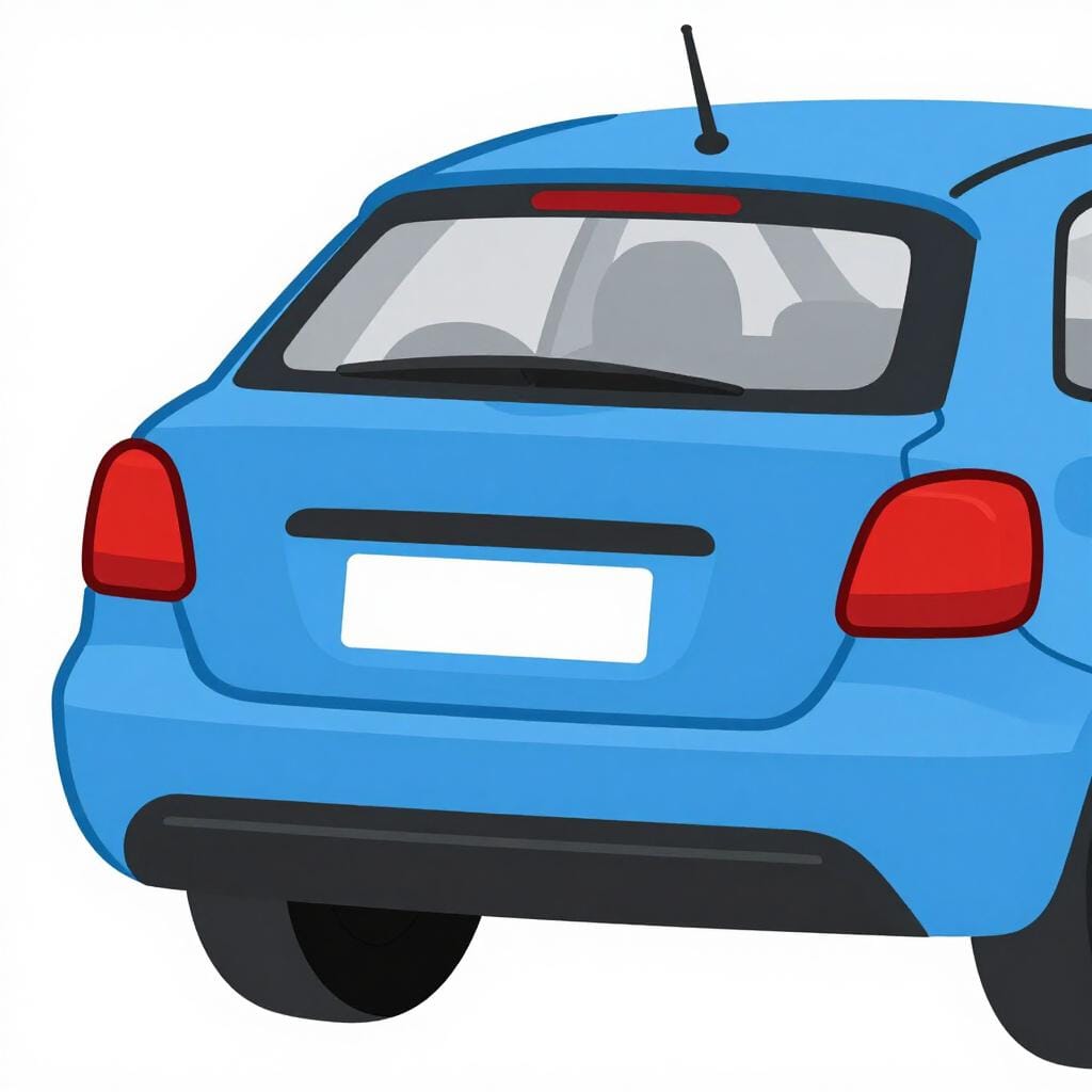 The rear view of a blue car showing a rectangular identification plate on the bumper.