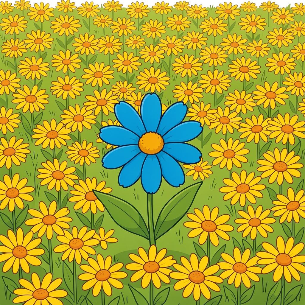 A single bright blue flower standing out in a field of yellow flowers.
