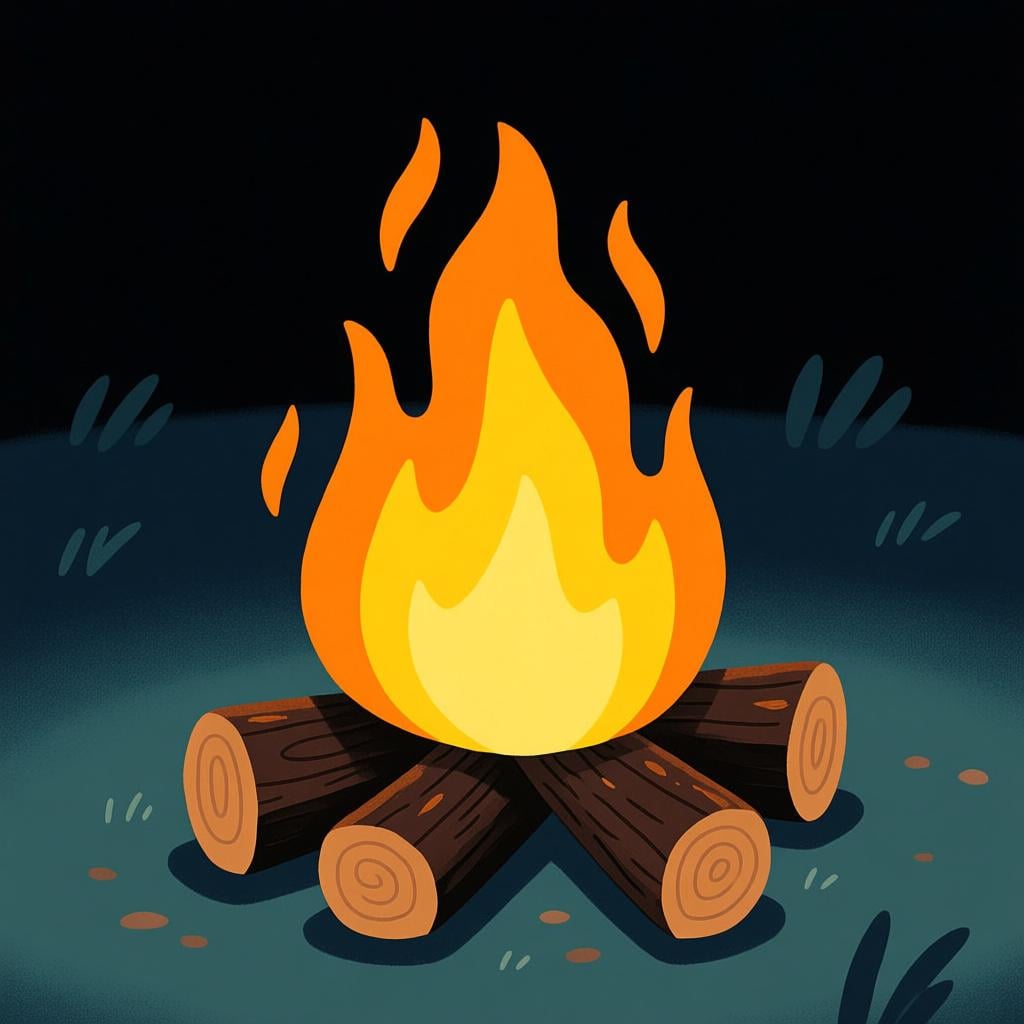 A controlled, bright campfire burning outdoors with yellow and orange flames, illustrating the element of fire.