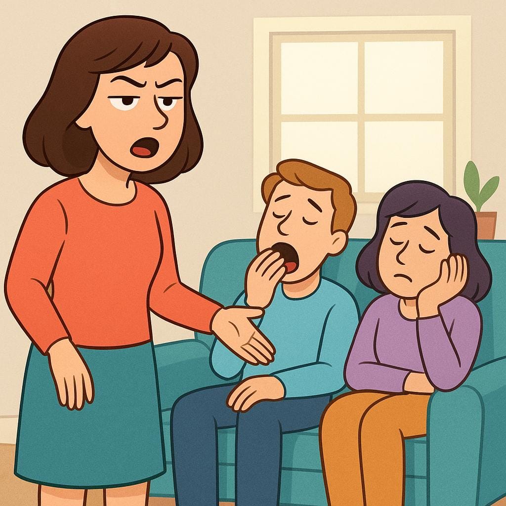 A woman talking intensely while two listeners look extremely bored, illustrating a bore or drag.