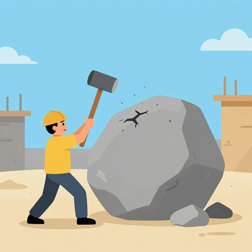 A worker using a heavy sledgehammer to break a large grey rock with great force.