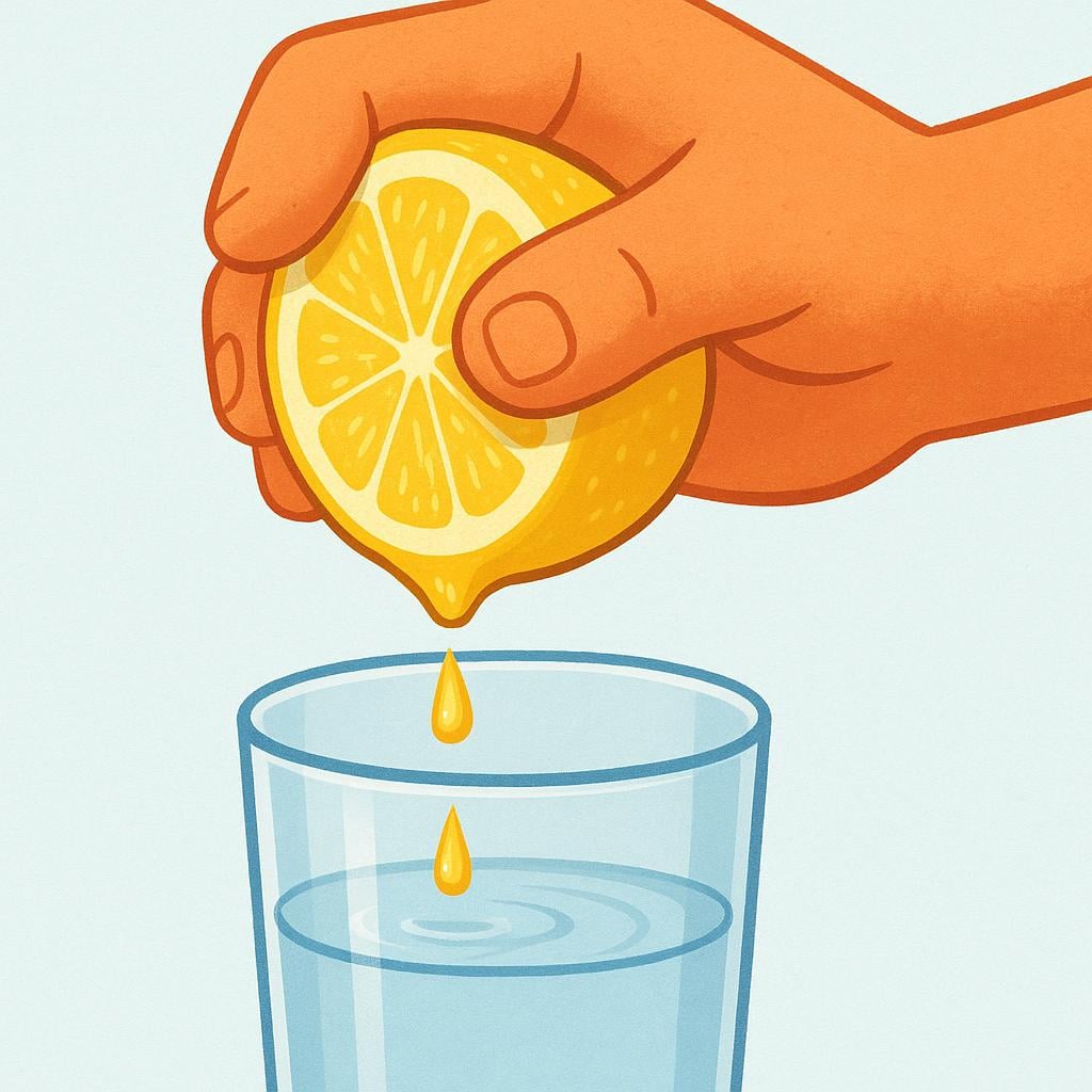 A hand firmly squeezing a halved yellow lemon over a clear glass, showing the final few drops of juice falling into the glass, illustrating making the most of a resource.