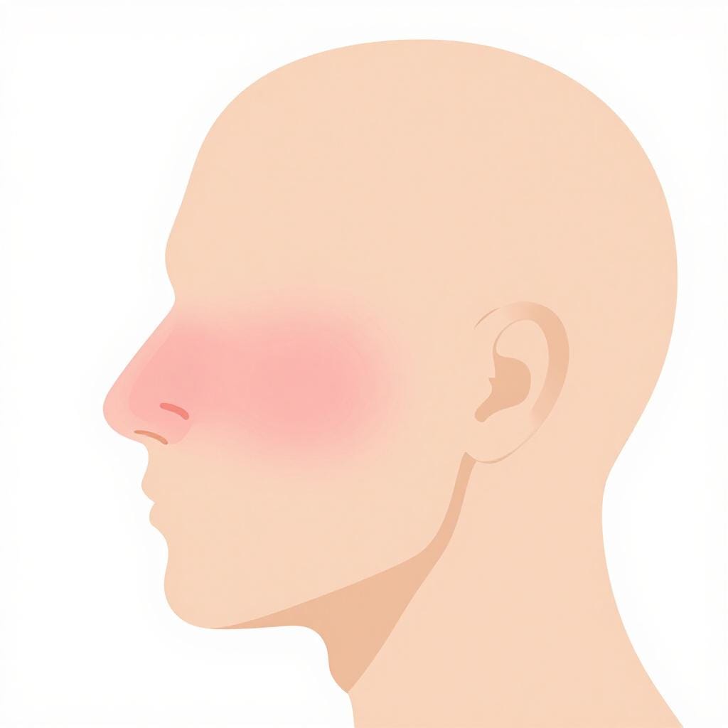 코 뒤쪽의 상부 목에 있는 작은 강조 표시된 영역을 보여주는 사람 머리의 단순화된 해부학적 프로필.