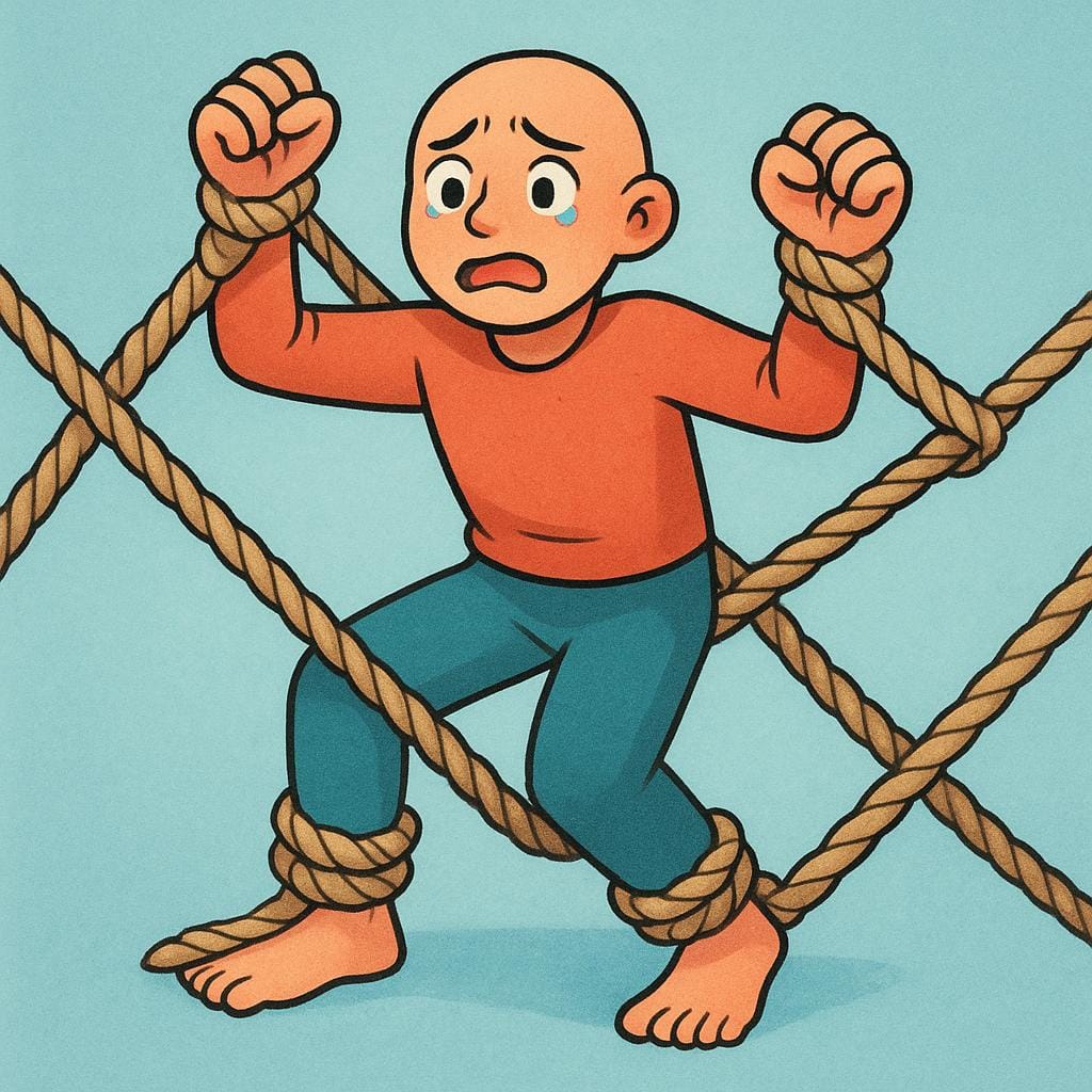 A simplified illustration of a stylized figure constrained by thick, knotted ropes binding their hands and feet, depicting severe distress and pain.
