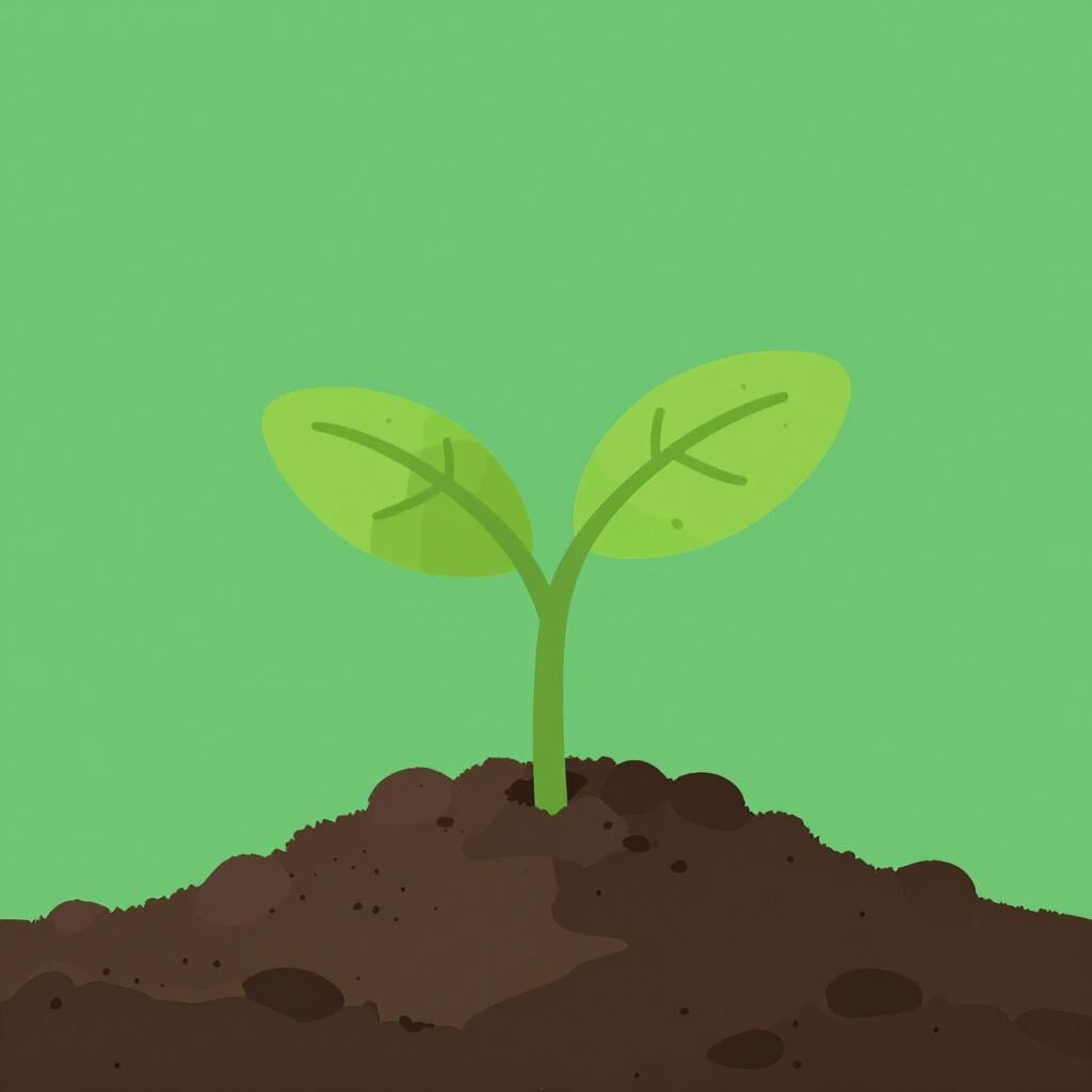 Een klein groen scheutje dat uit een hoop rijke bruine aarde groeit.