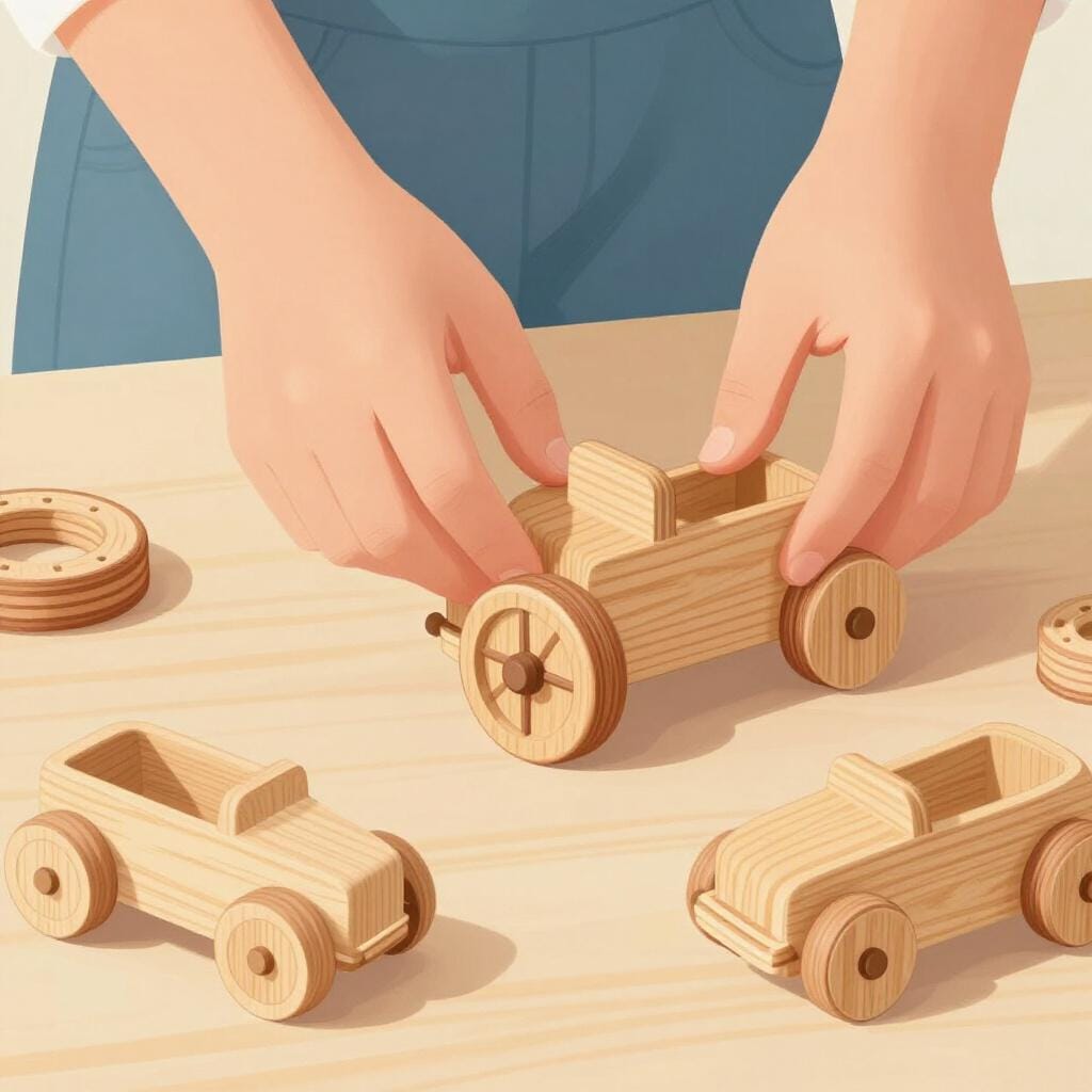 A wooden toy car being assembled with its wheels and chassis on a clean surface.