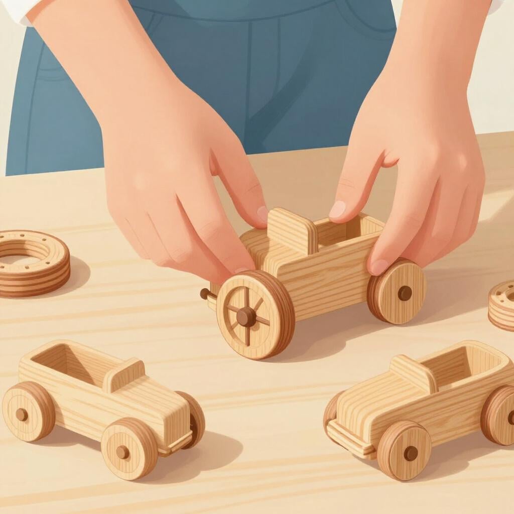 A wooden toy car being assembled with its wheels and chassis on a clean surface.