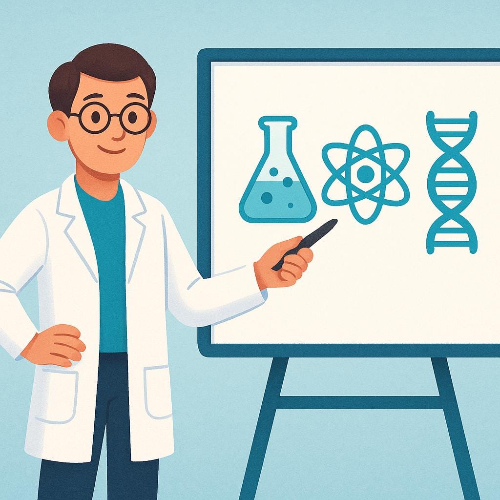 A cartoon scientist pointing at a board covered with simple scientific icons (beaker, atom, DNA helix), representing specialized vocabulary.